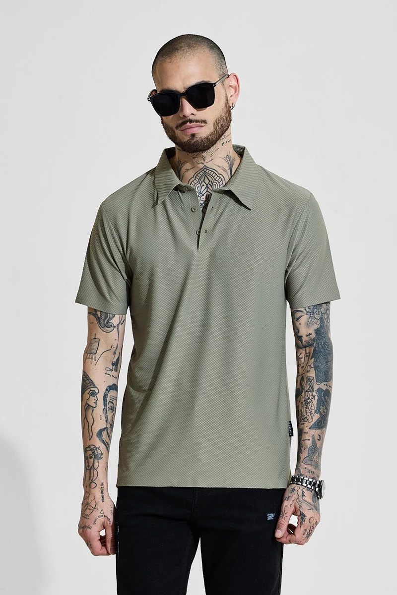 SNITCH Sage Green Textured Polo Slim Fit T-Shirt